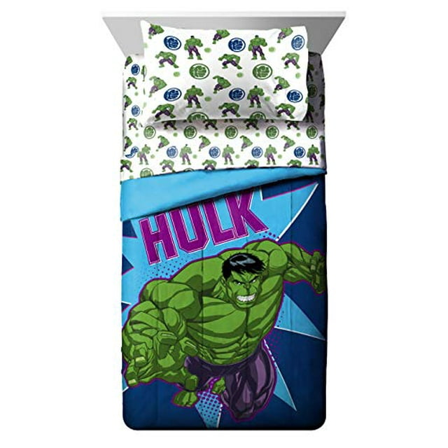Marvel Hulk Smash 5 Piece Kids Twin Bed Set, 100% Microfiber, Blue ...