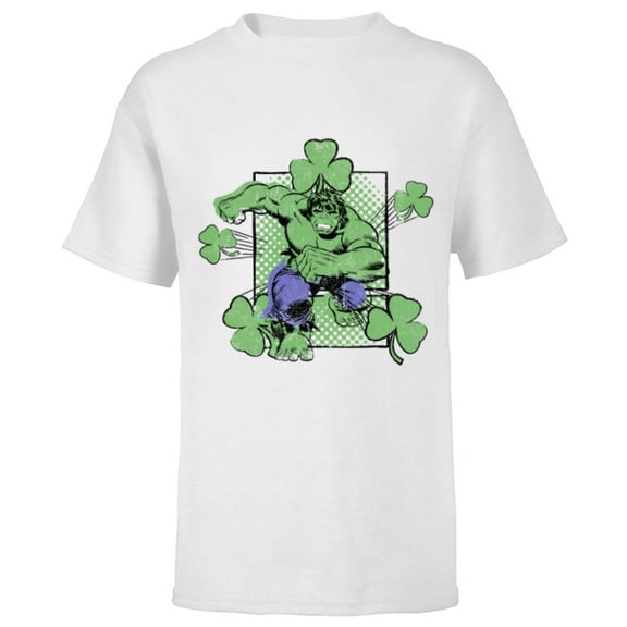 Marvel Super Heroes Hulk Green Shamrocks St. Patrick's Day - Short Sleeve T-Shirt for Kids - Customized-White