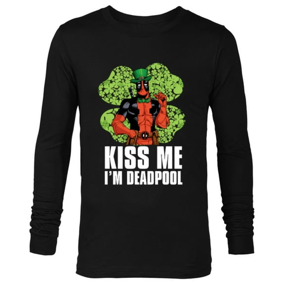 Marvel Kiss Me I'm Deadpool 4-Leaf Clover St. Patrick's Day - Long Sleeve T-Shirt for Men - Customized-Black