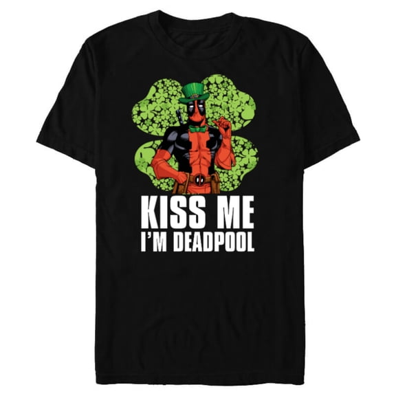 Marvel Kiss Me I'm Deadpool 4-Leaf Clover St. Patrick's Day - Short Sleeve Blended T-Shirt for Adults - Customized-Black