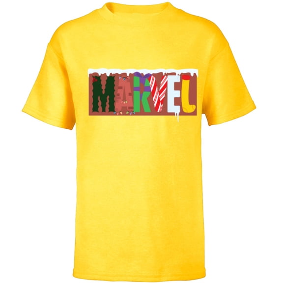 Marvel Logo with Christmas Holiday Avengers Decorations - Short Sleeve T-Shirt for Kids - Customized-Yellow