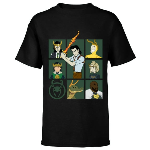 Marvel Loki Variants Alligator Loki Sylvie Character Grid - Short Sleeve T-Shirt for Kids – Customized-Black