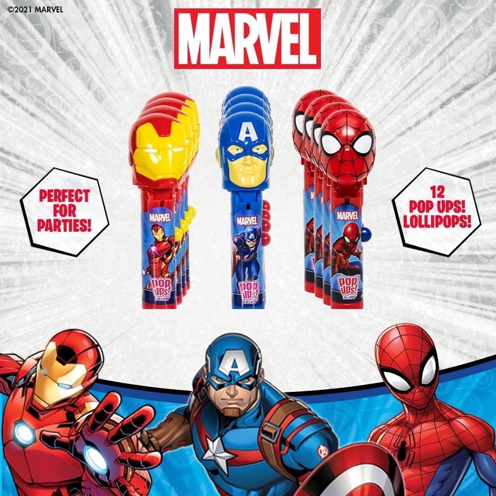 Porta Paletas de Marvel con Personajes Coleccionables | Favores para Fiestas, Rellenos para Calcetines, Bolsas de Regalo, Dulces para Piñatas, Premios para Juegos | Set a Granel de 12 | Incluye Paletas