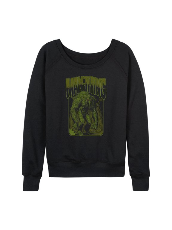 - Man-Thing Women's Lightweight French Terry Wide Neck Long Sleeve Graphic Shirt