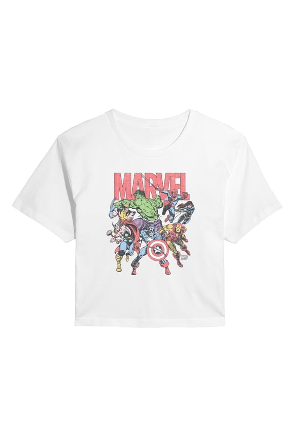 - Marvel Group Faded - Juniors Cropped Short Sleeve Graphic T-Shirt