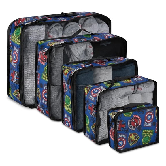 Marvel Men’s Packing Cubes, 5 Piece Cube Set Spiderman Suitcase Travel Organizer for Kids and Adult Blue