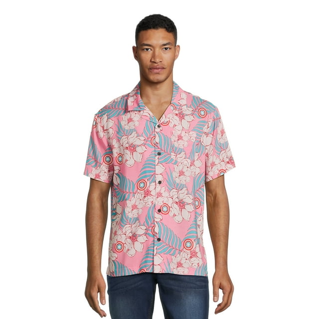 Marvel Captain America, Men's and Big Men's Floral Button Up Shirt with