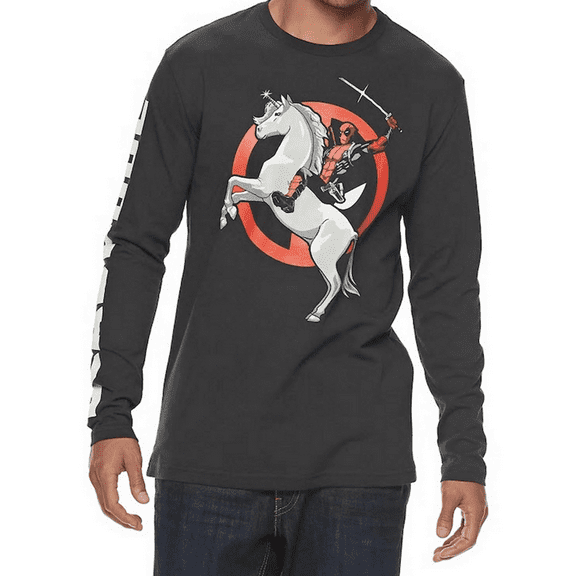 Marvel Mens' Deadpool Riding Unicorn Long Sleeve T-Shirt