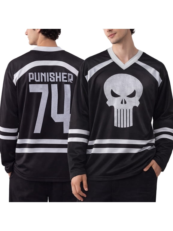 Mens Hockey Jersey Punisher Black Long Sleeve Breathable Mesh Athletic Jerseys for Men