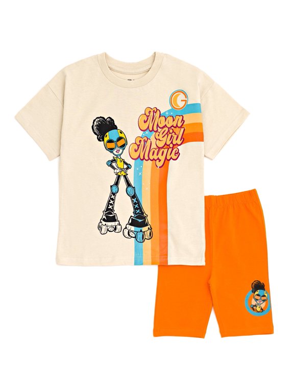 Marvel Moon Girl and Devil Dinosaur Oversized Drop Shoulder T-Shirt and Bike Shorts Outfit Set Little Kid to Big Kid