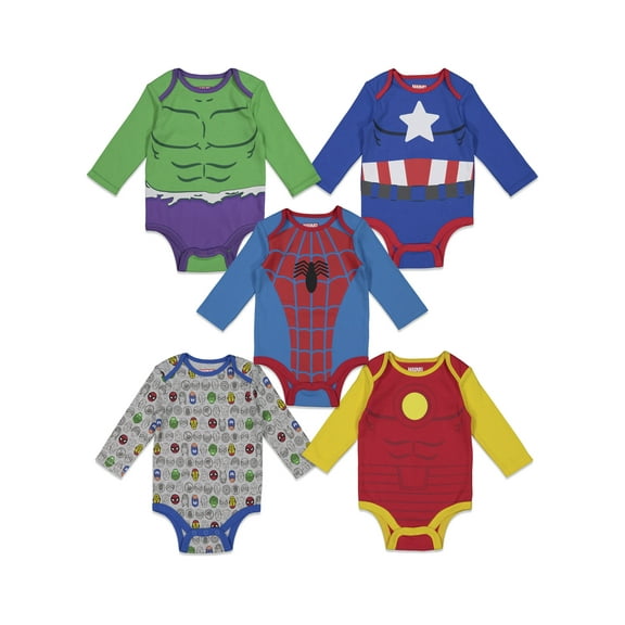 Marvel Newborn Baby Boys 5 Pack Cuddly Long Sleeve Bodysuits Multicolored Newborn