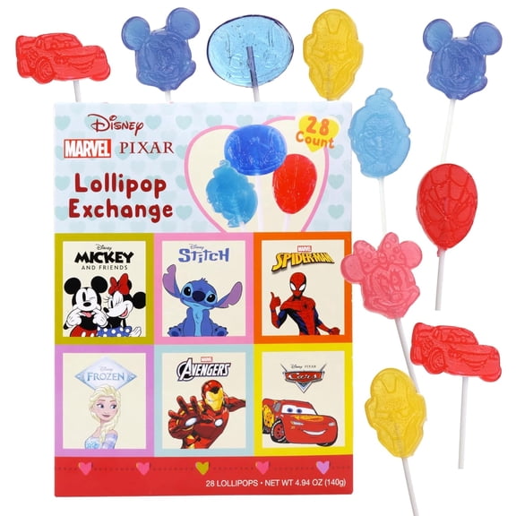 Marvel, Pixar and Disney Valentine's Lollipop Exchange Kit, Assorted Character Shapes and Flavors, Classroom Party Favors, 28 Suckers Inside