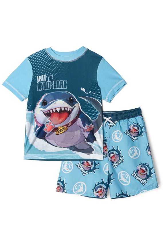 Rivals Big Boys' Swimwear 2-Piece Rashguard and Swim Trunks Set Jeff Landshark Blue