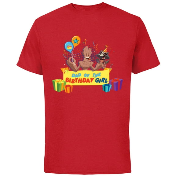 Marvel Rocket & Groot Family Party Dad of the Birthday Girl - Short Sleeve Cotton T-Shirt for Adults - Customized-Red
