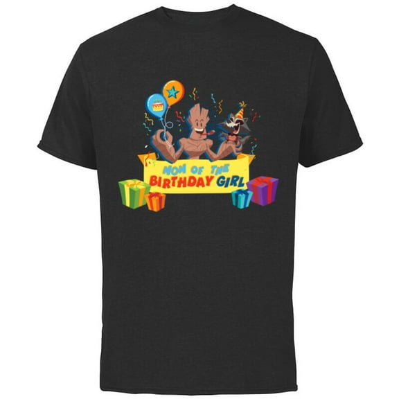 Marvel Rocket & Groot Family Party Mom of the Birthday Girl - Short Sleeve Cotton T-Shirt for Adults - Customized-Black