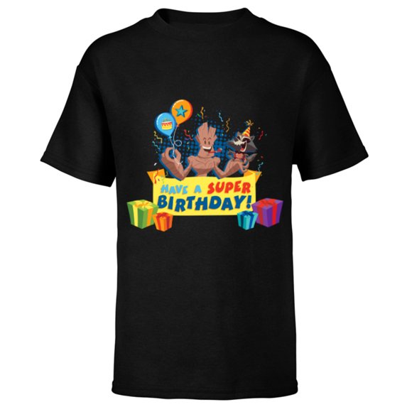 Marvel Rocket Raccoon and Groot Toony Have a Super Birthday - Short Sleeve T-Shirt for Kids - Customized-Black