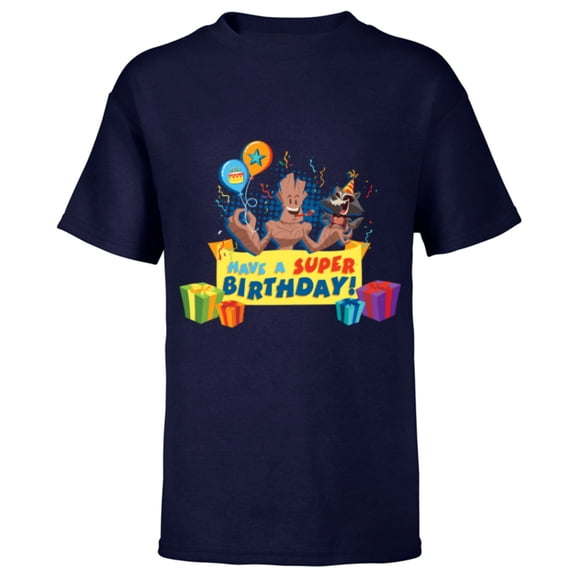 Marvel Rocket Raccoon and Groot Toony Have a Super Birthday - Short Sleeve T-Shirt for Kids - Customized-Navy