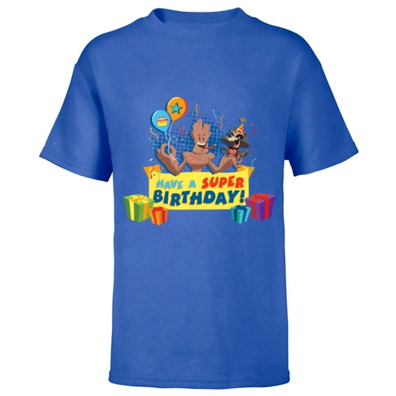 Marvel Rocket Raccoon and Groot Toony Have a Super Birthday - Short Sleeve T-Shirt for Kids - Customized-Royal