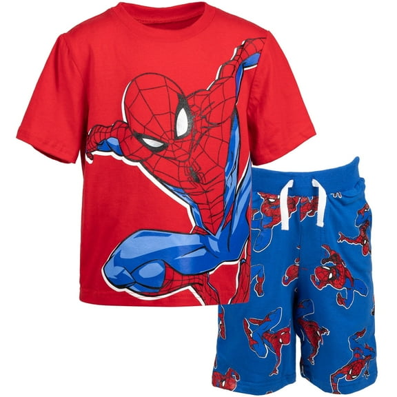 Marvel Short Sleeve Round Neck Tshirt French Terry Shorts Spiderman Print Outfit Set ( Big Boys)