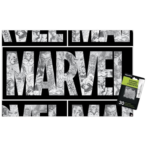 Marvel Sketch - Marvel Logo Wall Poster with Push Pins, 14.725" x 22.375"