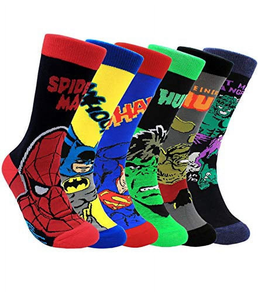 Marvel Socks Men 6 Pairs Hulk Batman Spiderman Superman Character Superhero Crew Dress Sock Wedding Groomsmen Socks Size 8-13