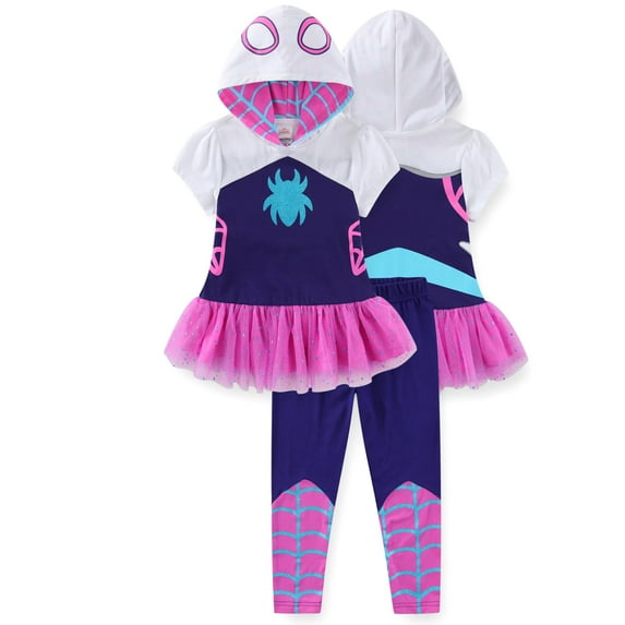 Marvel Spider-Gwen Ghost Spider Cosplay Hooded Shirt with Tulle and Legging Pants Set (Girls), 2 Piece Set, Sizes 2T-7