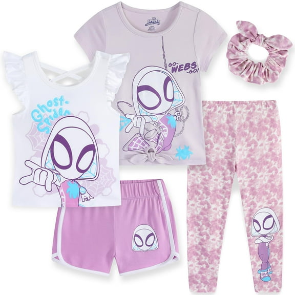 Marvel Spider-Gwen Ghost Spider Mix and Match Outfit Set with 2 Tops, Leggings, Shorts & Scrunchie (Girls), 5 Piece Set, Sizes 2T-5T