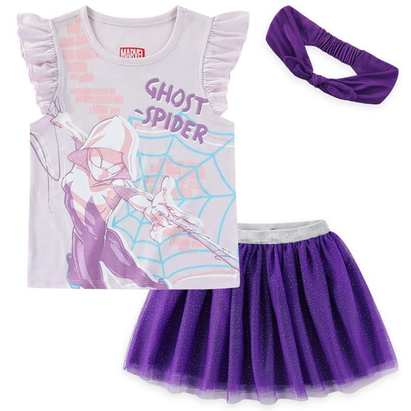 Marvel Spider-Gwen Ghost Spider Short Sleeve Shirt and Tulle Tutu Skirt with Headband (Girls), 3 Piece Set, Sizes 2T-6X
