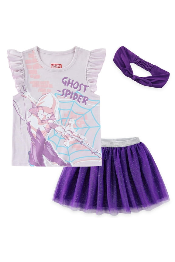 Spider-Gwen Ghost Spider Short Sleeve Shirt and Tulle Tutu Skirt with Headband (Girls), 3 Piece Set, Sizes 2T-6X