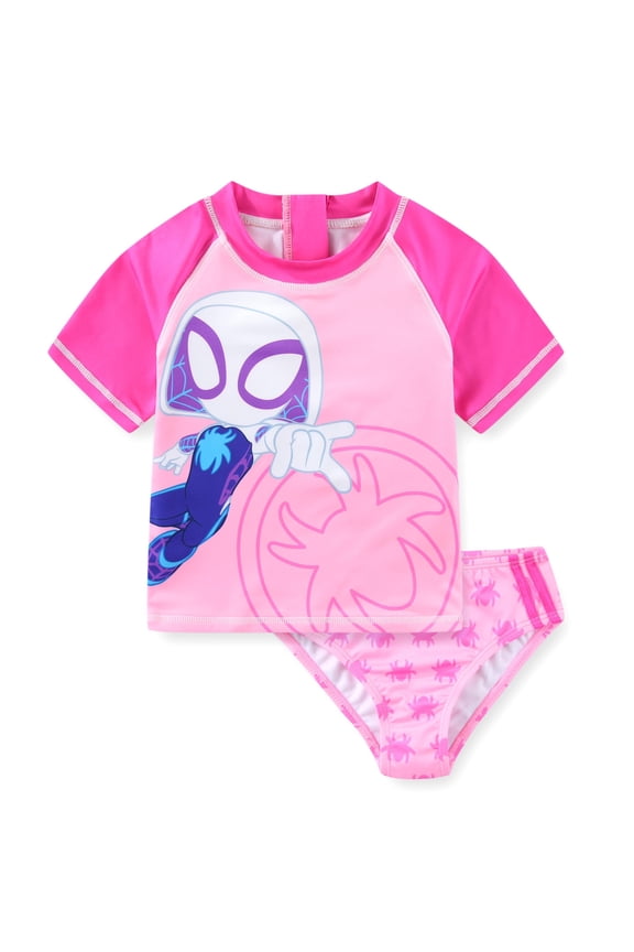 Spider-Gwen UPF 50+ Rash Guard Shirt and Bikini Bottom Two Piece Swimsuit Set (Girls), Sizes 2T-7