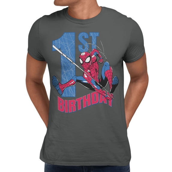 Marvel Spider-Man 1st Birthday Hero Web Action Men's T Shirt (Charcoal, S-XXXL)
