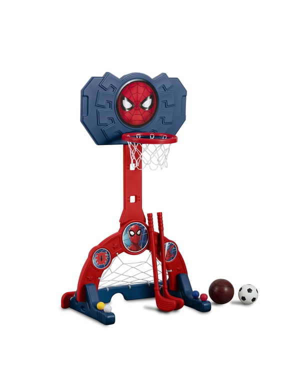 Spider-Man 4-in-1 Sports Center Adjustable Basketball Hoop, Soccer/Hockey Net & Golf Game, Red