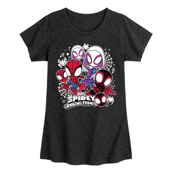 Marvel Spider-Man And His Amazing Friends - Spidey Friends Stickers - Toddler and Youth Girls Fitted Short Sleeve Tee