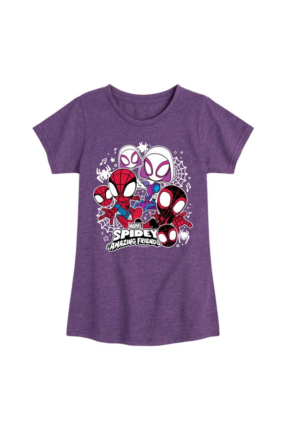Spider-Man And His Amazing Friends - Spidey Friends Stickers - Toddler and Youth Girls Fitted Short Sleeve Tee