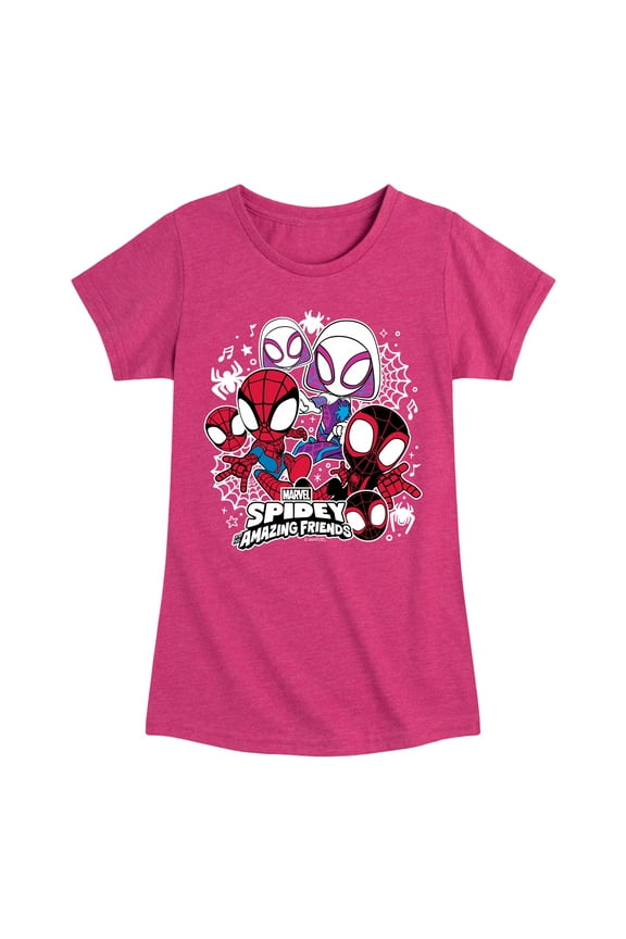 Spider-Man And His Amazing Friends - Spidey Friends Stickers - Toddler and Youth Girls Fitted Short Sleeve Tee