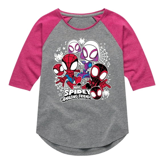 Marvel Spider-Man And His Amazing Friends - Spidey Friends Stickers - Toddler and Youth Girls Shirt Tail Raglan