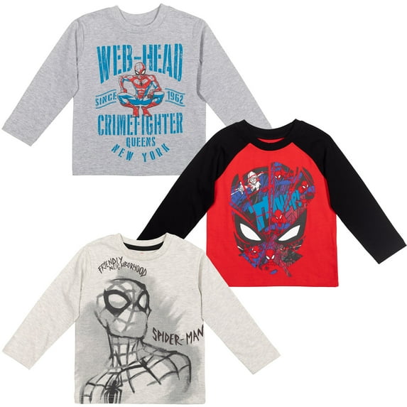 Marvel Spider-Man Big Boys 3 Pack Long Sleeve T-Shirts Toddler to Big Kid