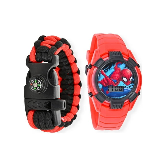 Marvel Spider Man Boy's Flashing LCD Red Silicone Watch With Matching Survival Band 2 Piece Set
