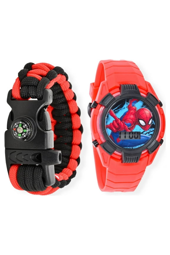 Spider Man Boy's Flashing LCD Red Silicone Watch With Matching Survival Band 2 Piece Set