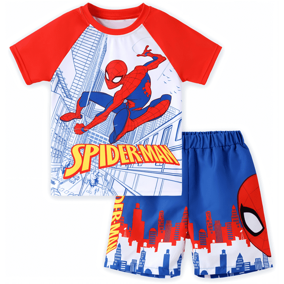 Marvel Spider-Man Boys 2 Pieces Swimsuit UFP50+ Rash Guard Shirts & Swim Trunks Bathing Suits Set Sizes 2-13