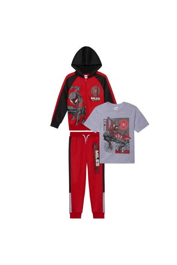 Spider-Man Boys 3-Piece Fleece Pants Sets, Peter Parker Miles Morales Zip-Up Hoodie, T-Shirt, Pants Sets for Boys (Sizes 4-16)
