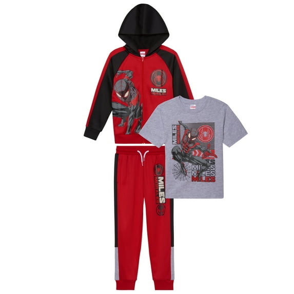 Marvel Spider-Man Miles Morales Fleece Zip-Up Hoodie, T-Shirt & Pants 3-Piece Set (Little & Big Boys), Sizes 4–16