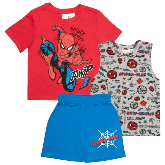 Marvel Spider-Man Boys 3-Piece Set - Short Sleeve T-Shirt, Tank Top, & Shorts 3-Pack Bundle Set for Kids (Sizes 4-8)
