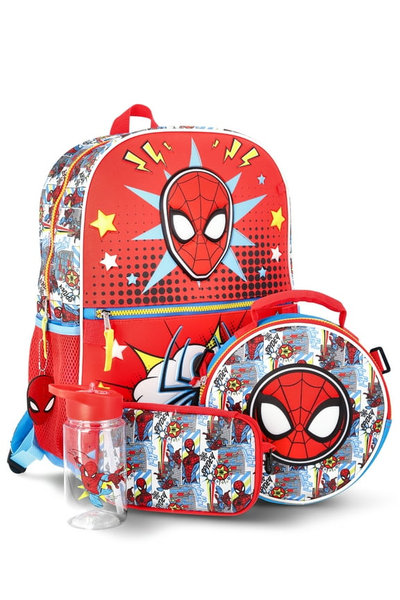 Marvel Spider-Man Boys 17" Backpack, Lunch Kit, Zip Case, Keychain and Water Bottle 5-Piece Set, Red