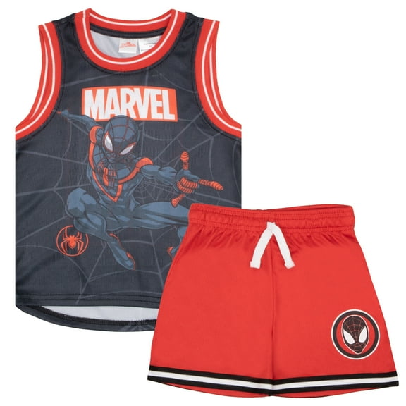 Marvel Spider-Man Boys Basketball Jersey & Shorts Matching Set, Miles Morales 2-Piece Superhero Sports Outfit for Kids (Size 4-8)