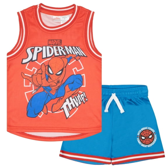 Marvel Spider-Man Boys Basketball Jersey & Shorts Matching Set, Spidey 2-Piece Superhero Sports Outfit for Kids (4-8)