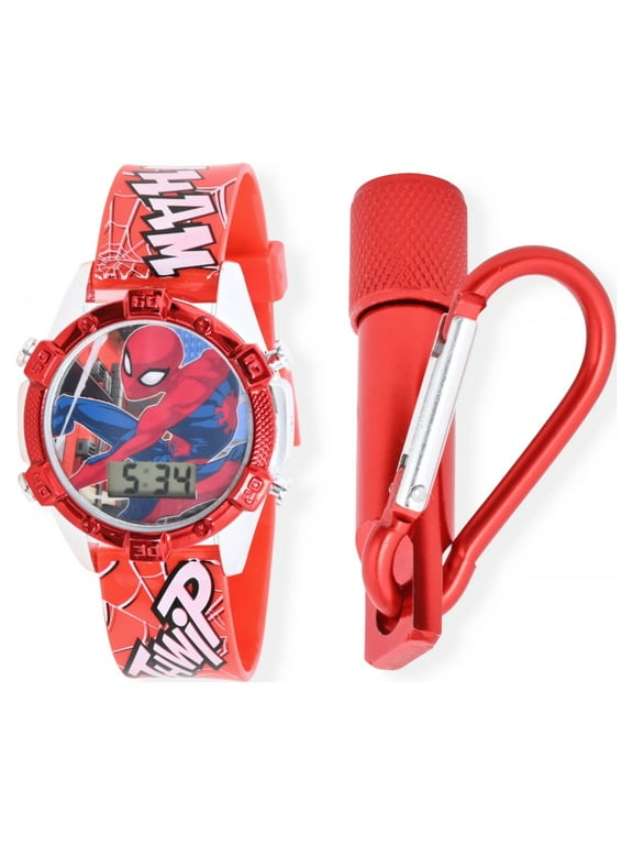 Spider Man Boys LCD Red Silicone Watch with Matching Flashlight 2 Piece Set