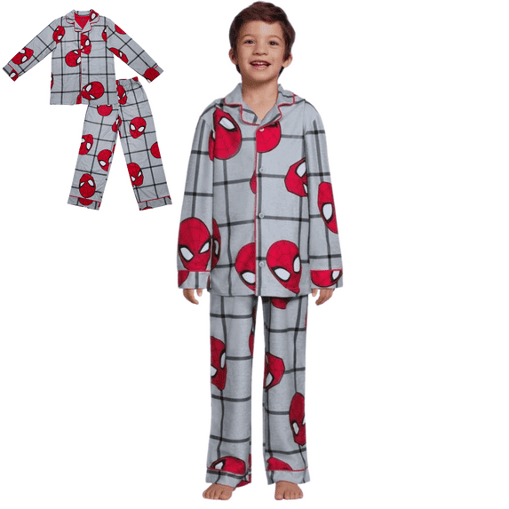 Marvel Spider-Man Boys Pajama Set Long Sleeve Button Down Coat Style Sleepwear 2 Piece