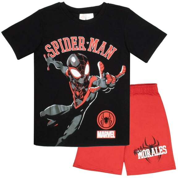 Marvel Spider-Man Boys Short Sleeve T-Shirt and Shorts Set, 2-Piece Miles Morales Superhero Outfit for Kids (Sizes 8-12)