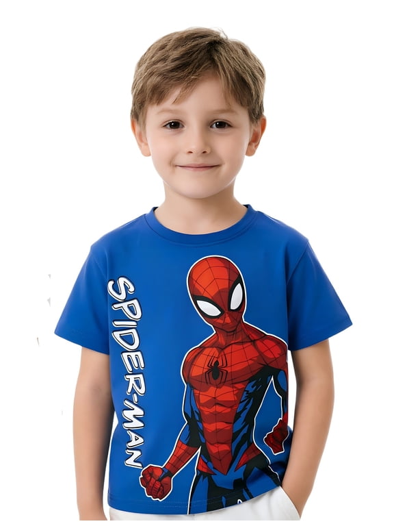 Marvel Spider Man Boys T Shirt Kids Toddler Graphic Print Short Sleeve Crewneck Tee Blue Summer Top Size 6-7 Years